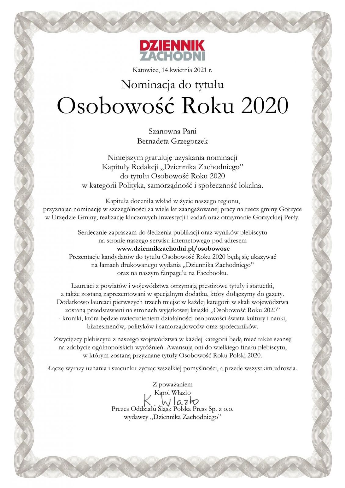 List informujący o udziale w plebiscycie 